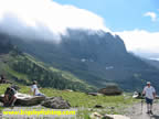 Hikers relax at "Haystack Pass" on the Highline Trail