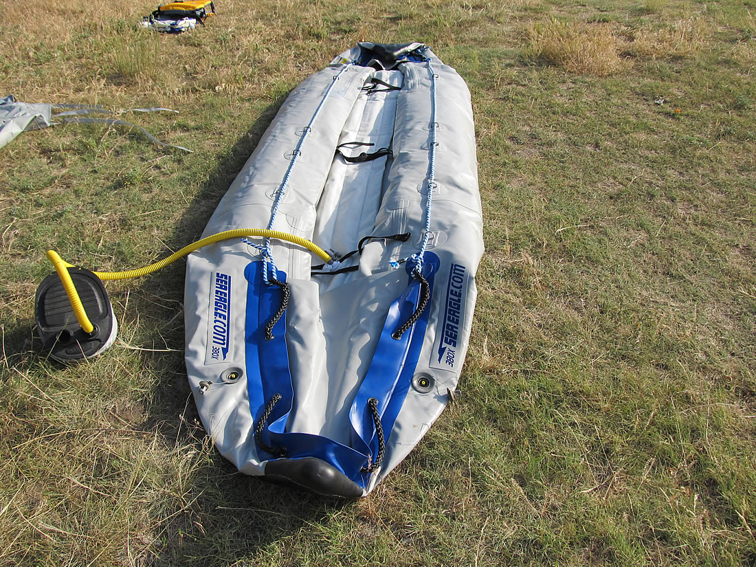 Another view of pumping up the floor of the Sea Eagle 380x kayak