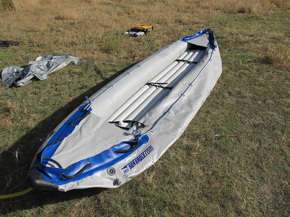 Floor and one pontoon fully inflated on the kayak